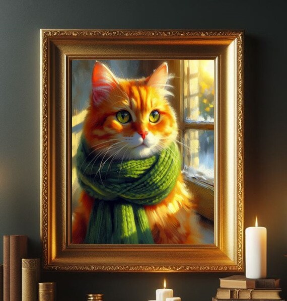 Fluffy Orange Tabby Cat in Green Scarf Sunlit Window Oil Painting Poster