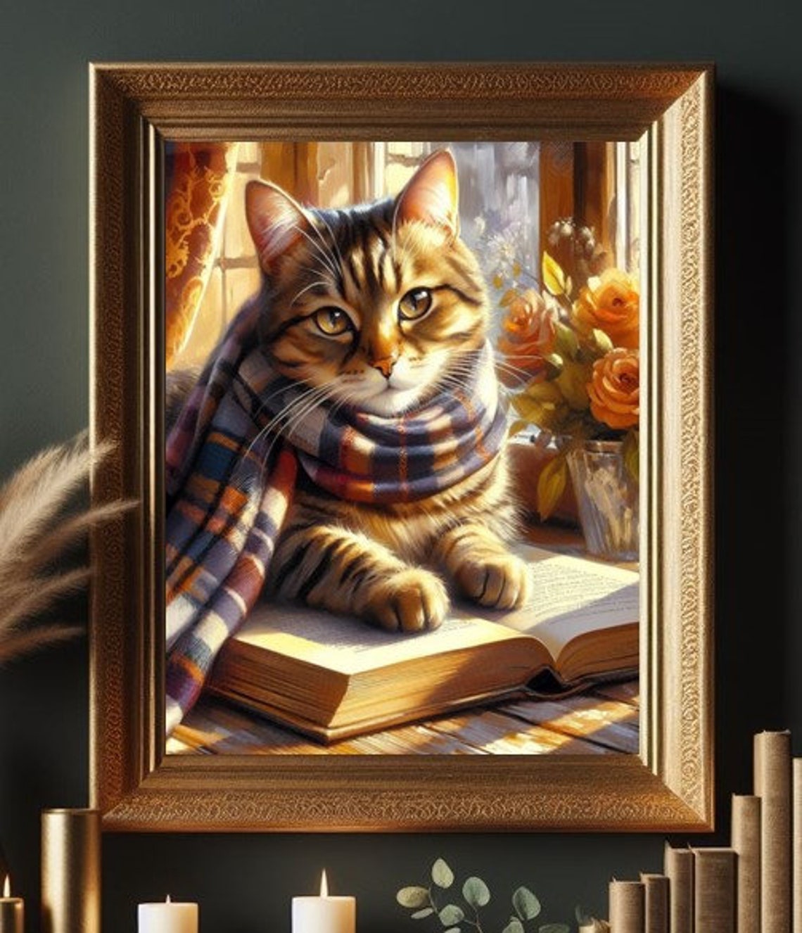 Tabby Cat in Plaid Scarf on an Open Book Sunlit Window Poster