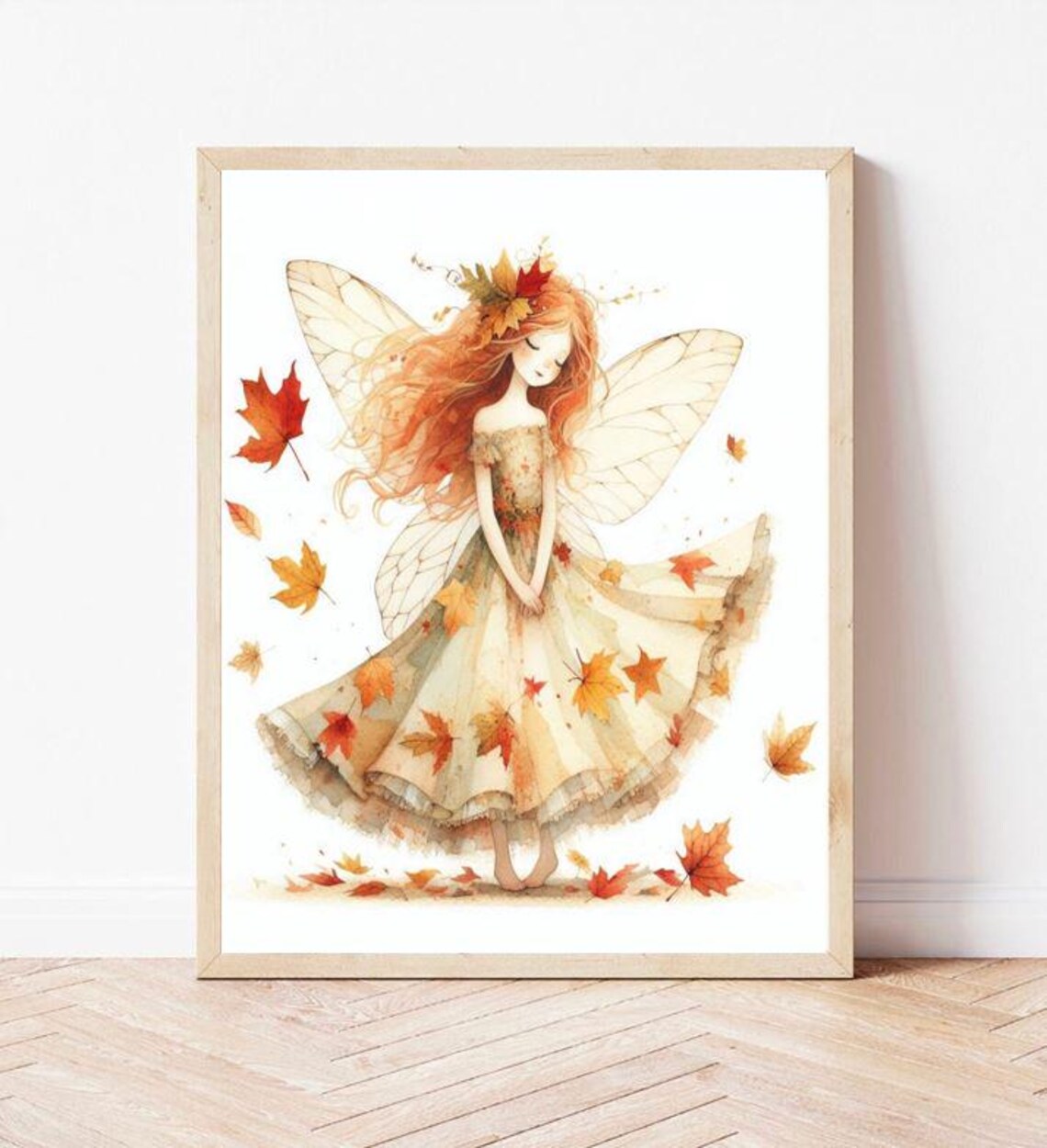 Autumn Fairy Girl With Red Hair Falling Leaves Watercolor Art Print