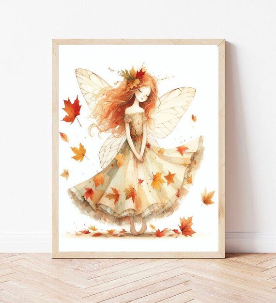 Beautiful Autumn Fairy With Fall Leaves Minimalist Painting Fantasy Tale Whimsical Child Room Nursery Watercolor Art Picture Print