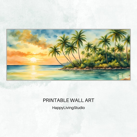 Tropical Island Wall Art Large Art High Resolution Prints Horizontal Wall Art Print Colorful Watercolor Print Art