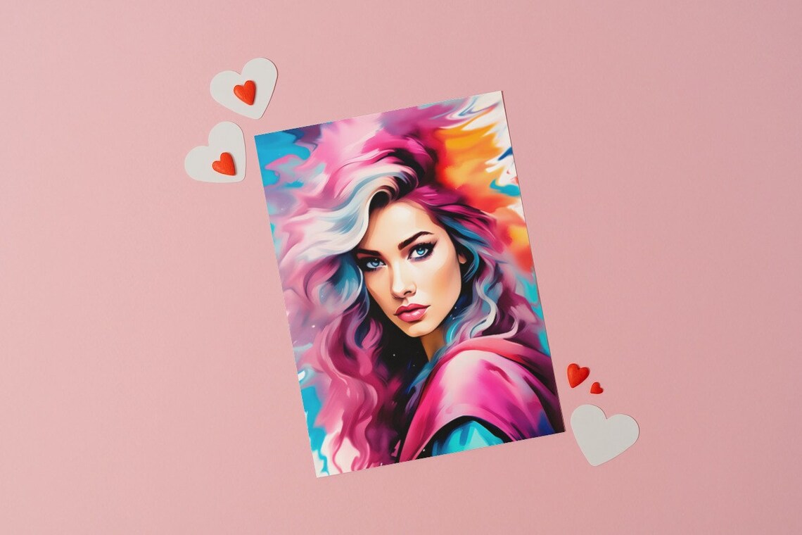 Vibrant Watercolor Woman Portrait Magenta Blue Hair Beauty Art Poster - Image 2