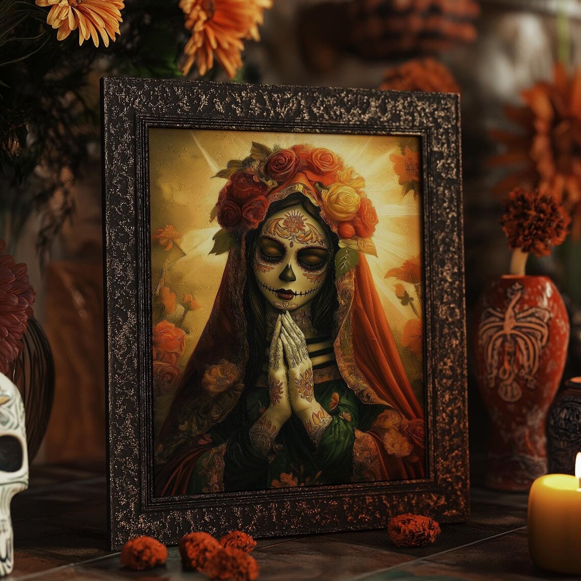 Day Of The Dead Praying Sugar Skull Art Print