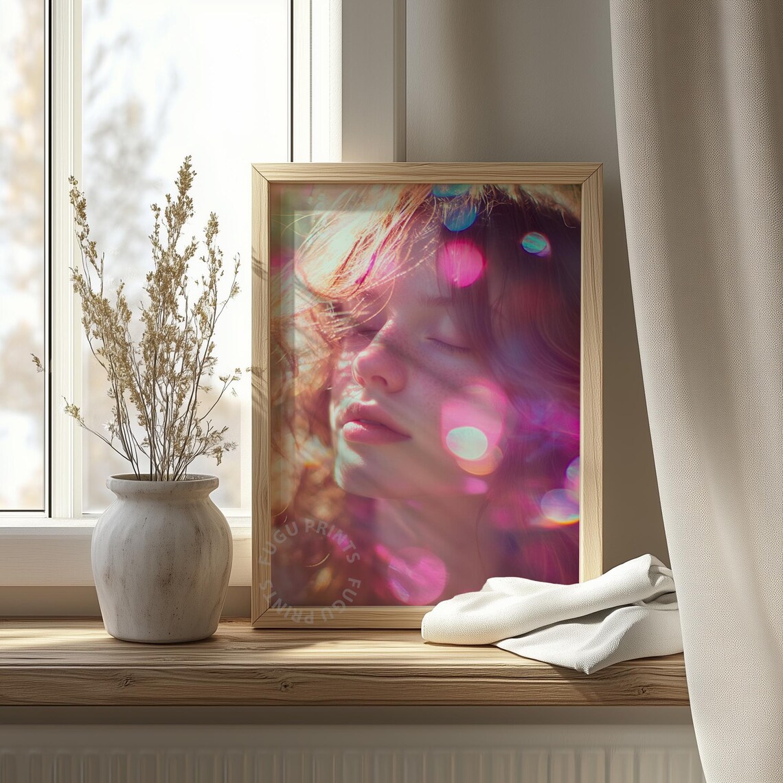 Dreamy Woman Portrait with Pink Bokeh Sunlight Ethereal Poster - Image 4