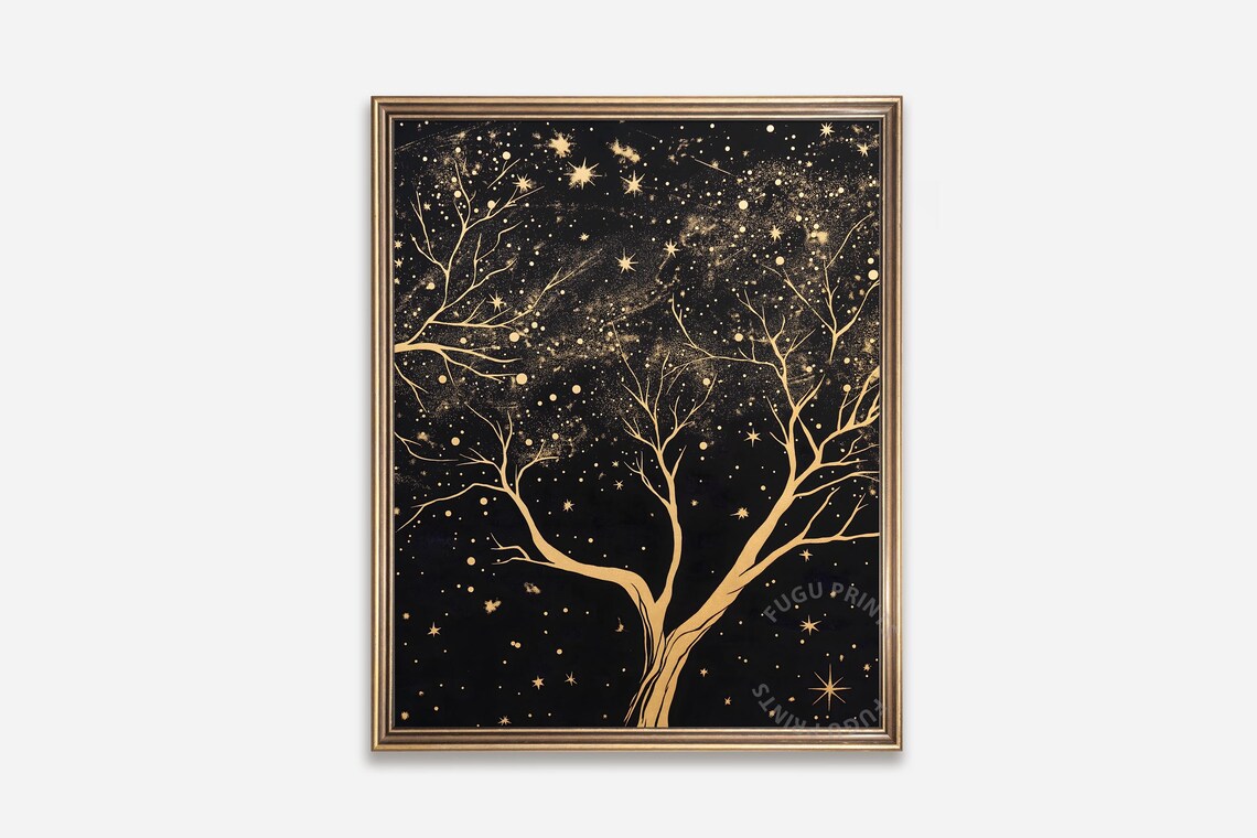 Gold Star Tree, Starry Night Celestial Art