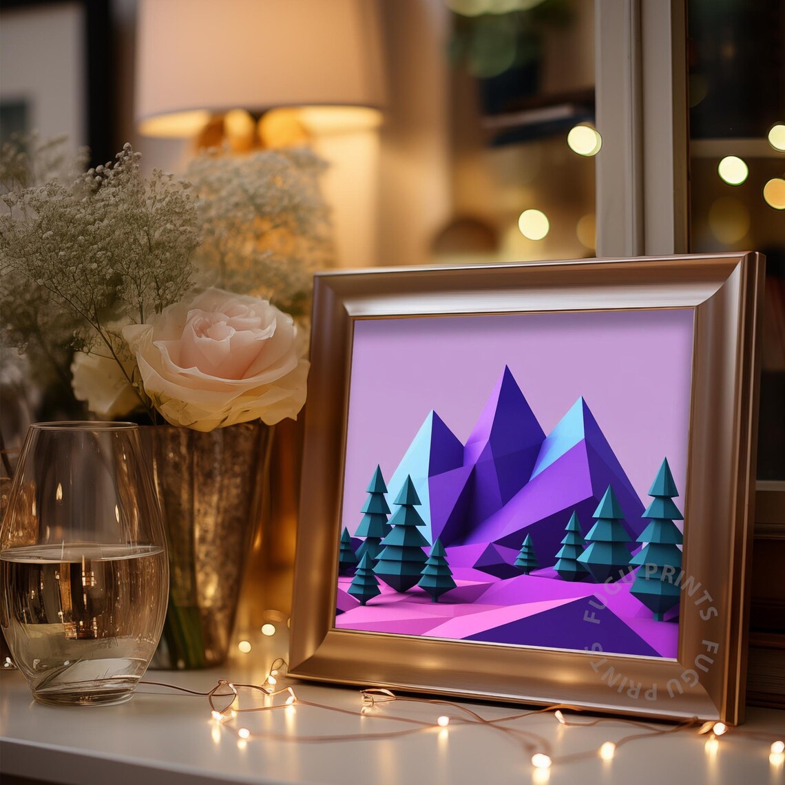 Geometric Christmas Art, Pastel Low Poly Mountain Scene - Image 3