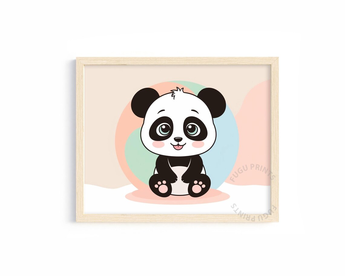 Cute Smiling Baby Panda on Pastel Pink Mint Circles Nursery Wall Art