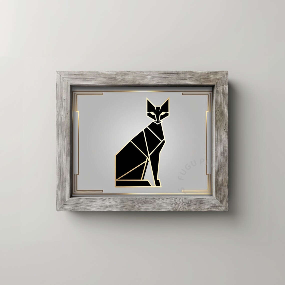 Art Deco Geometric Sitting Black Cat with Gold Outlines on Gray Poster - Image 2