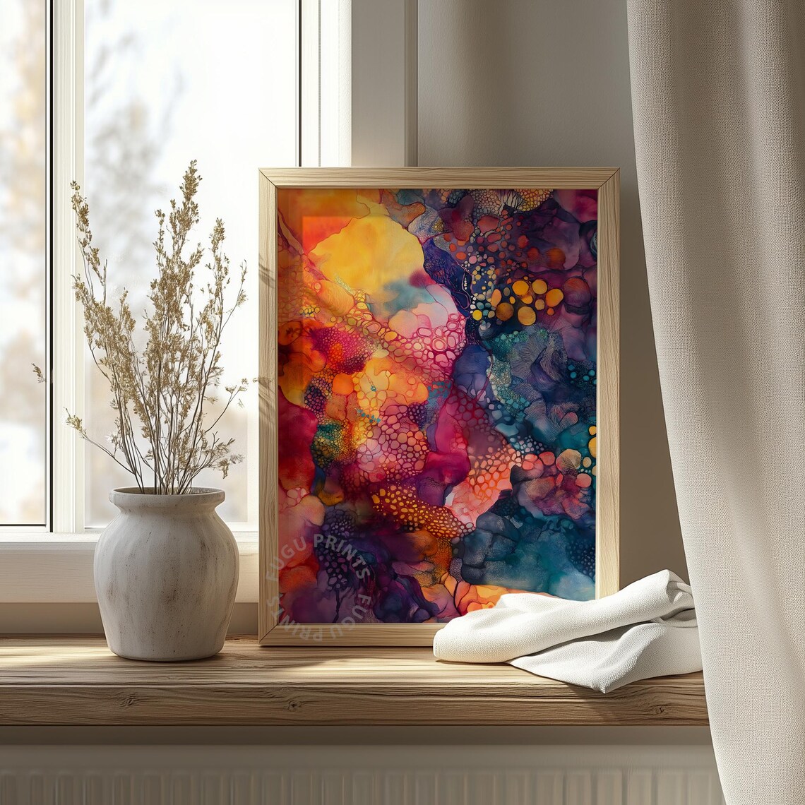 Abstract Cell Art Fluid Ink Wall Art Orange Teal Boho Decor 172 - Image 4