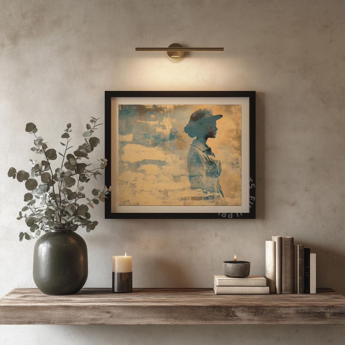 Abstract Blue Beige Woman Silhouette Wearing Hat Vintage Poster - Image 4