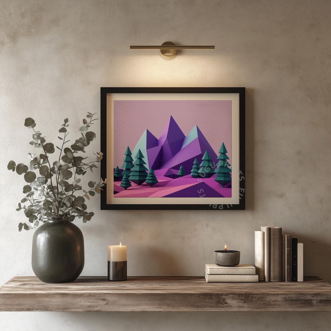 Geometric Christmas Art, Pastel Low Poly Mountain Scene - Image 4