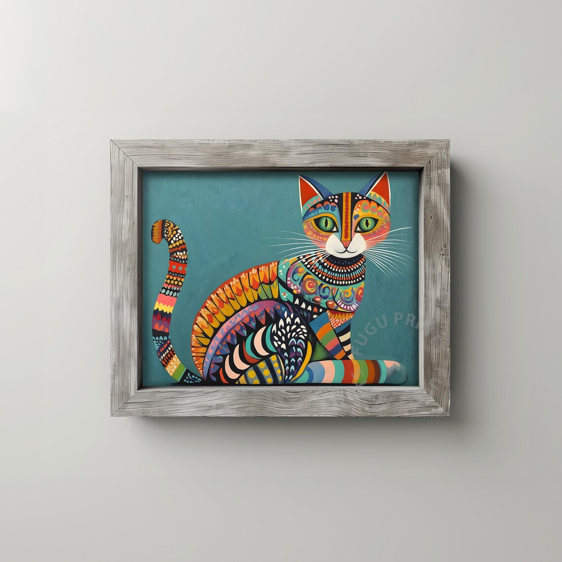 Colorful Folk Art Cat Teal Background Whimsical Cat Art Poster - Image 2