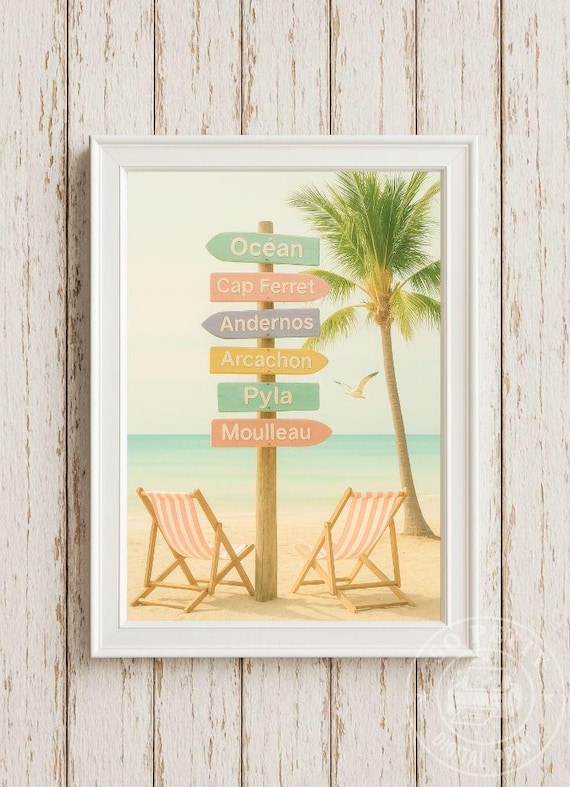Cap Ferret Beach Direction Sign With Palm And Chairs Coastal Poster