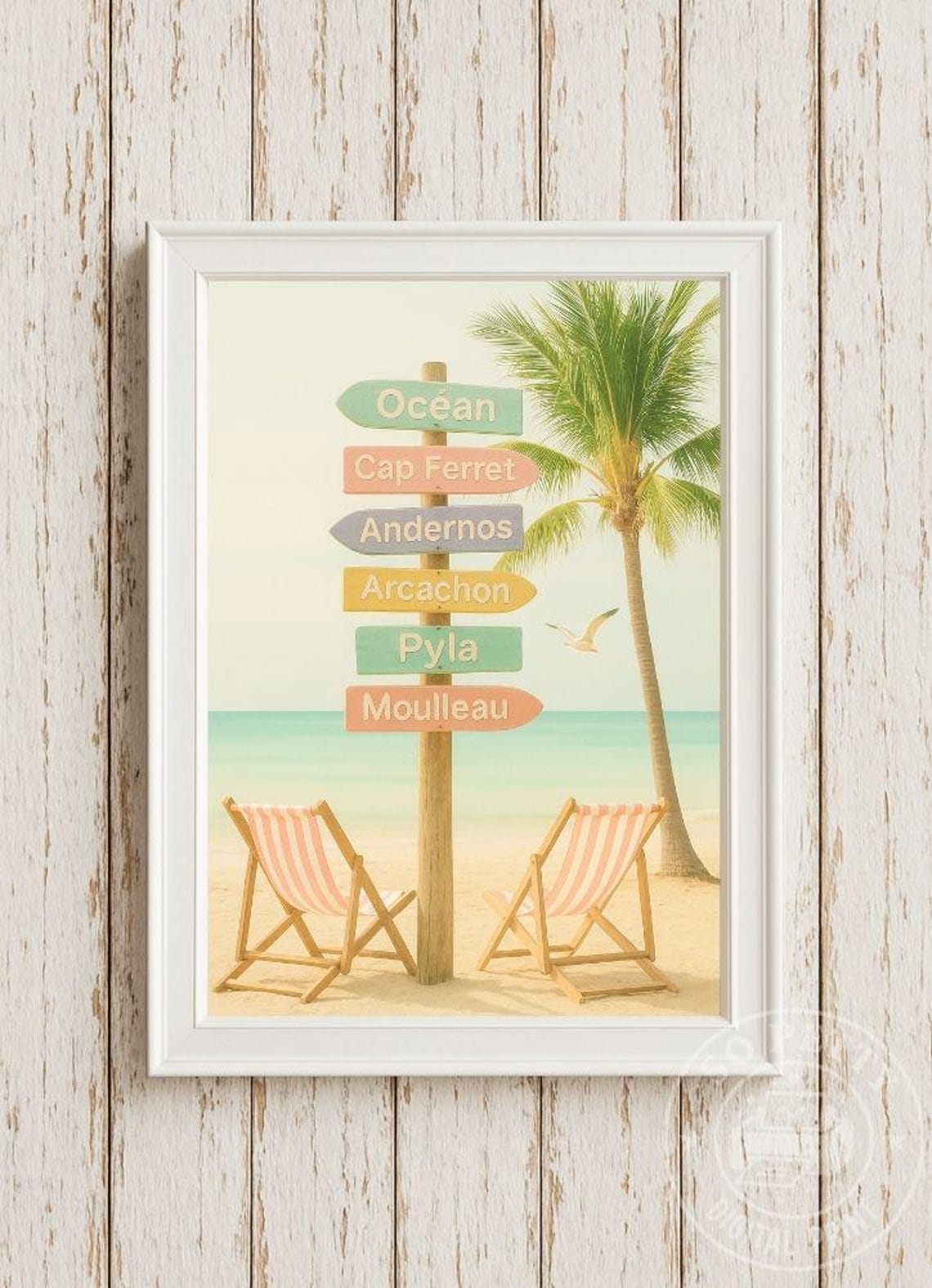 Cap Ferret Beach Direction Sign With Palm And Chairs Coastal Poster