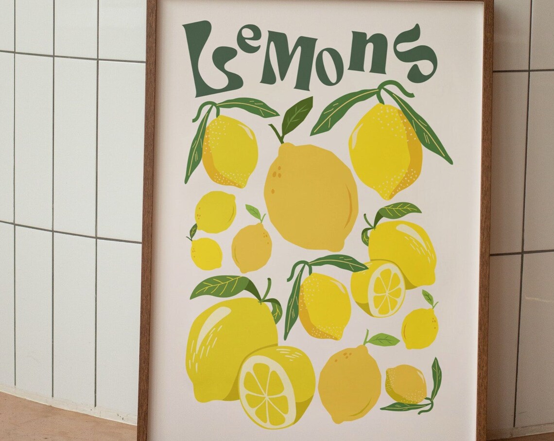 Lemons Retro Kitchen Art Print, Funky Fruit Decor