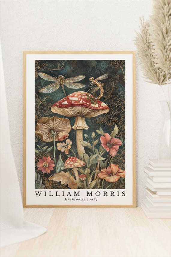 William Morris Dragonfly Mushroom Print Set Gallery Wall Art
