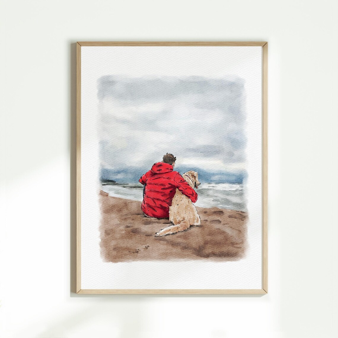 Man with Golden Retriever on Beach Custom Watercolor Pet Poster