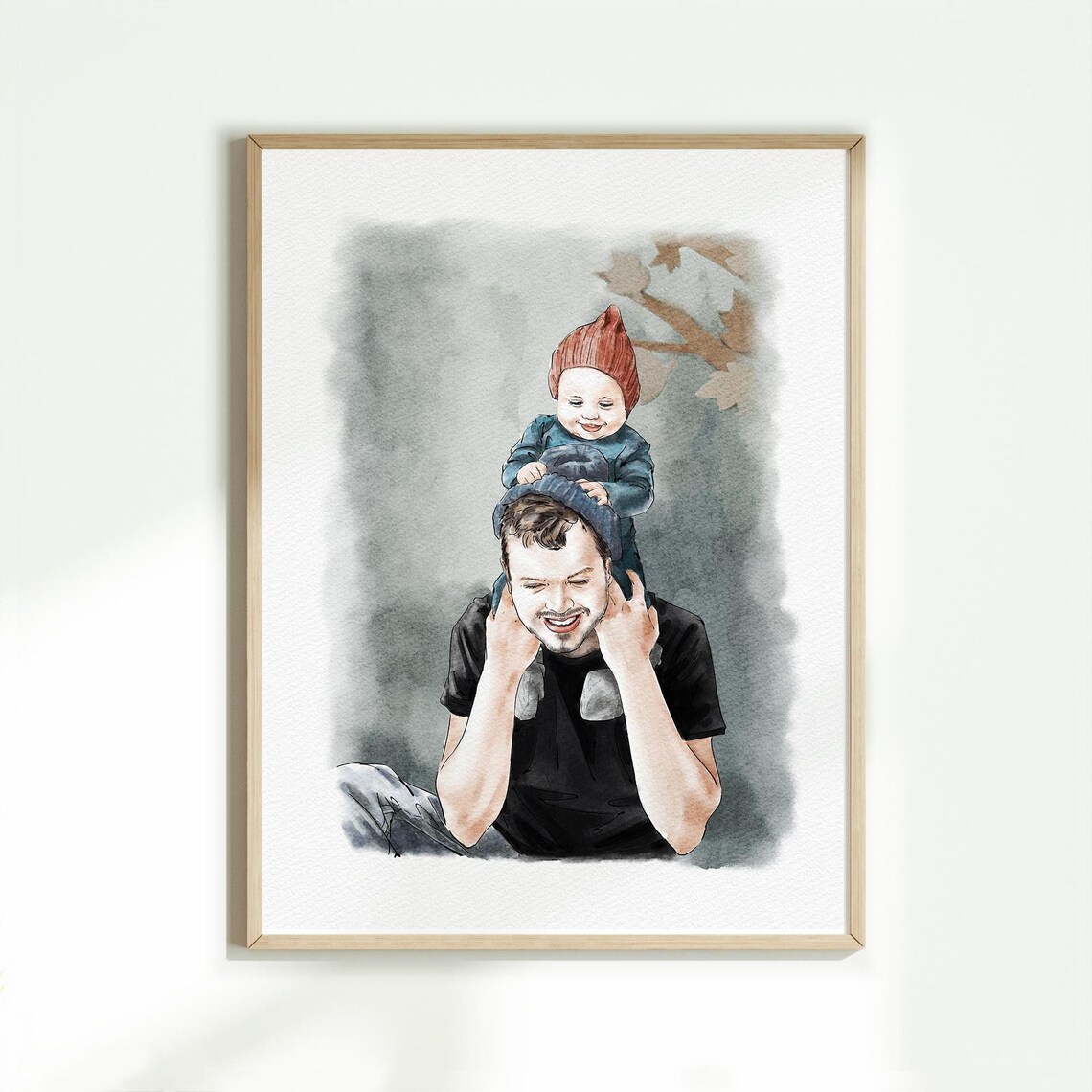 Father and Child Shoulder Ride Autumn Watercolor Portrait Poster