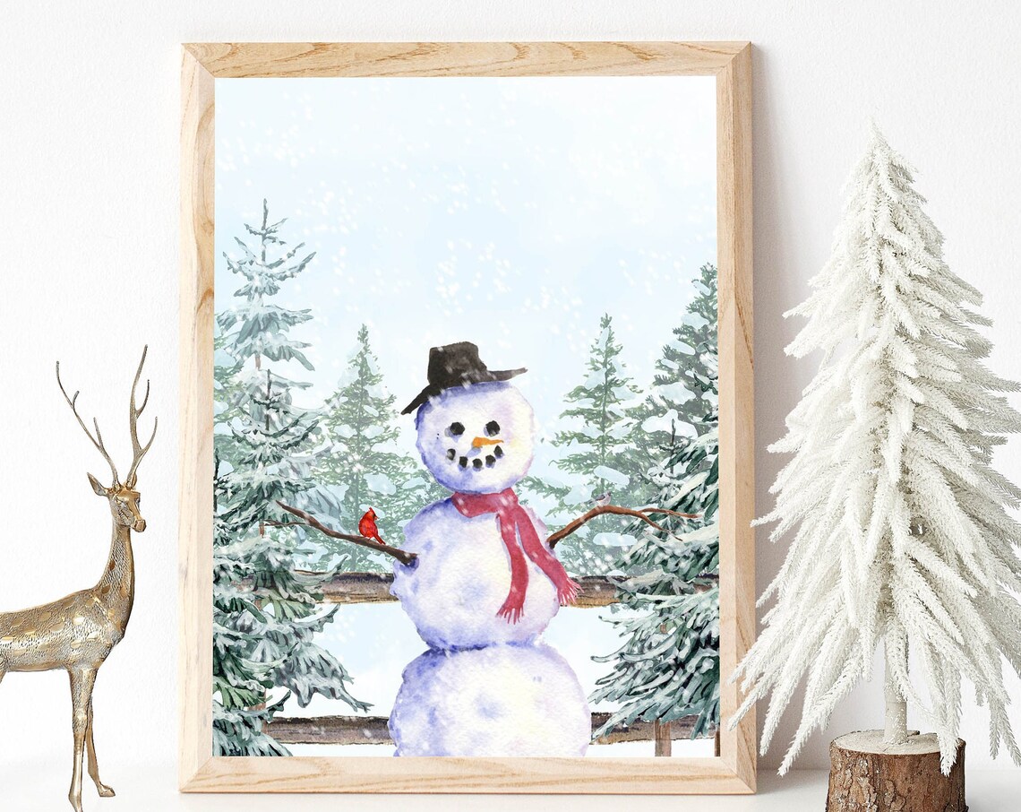 Snowman With Top Hat Cardinal Watercolor Snowy Evergreen Winter Scene Poster