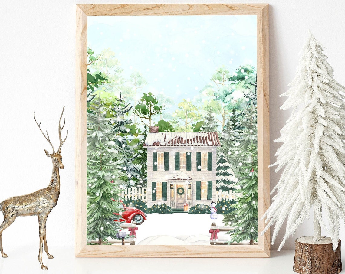 Christmas Home Country Woodland House 5x7 8x10 11x14 16x20 Watercolor Winter Wall Art Print Diy Holiday Decor Winter Home Sign