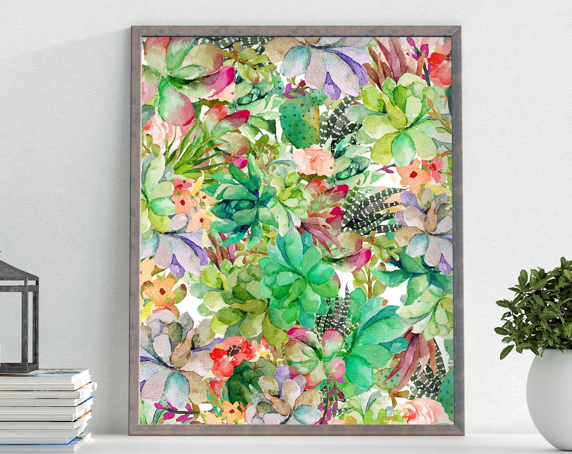 Lush Succulent Garden Watercolor Botanical Pattern Art Poster
