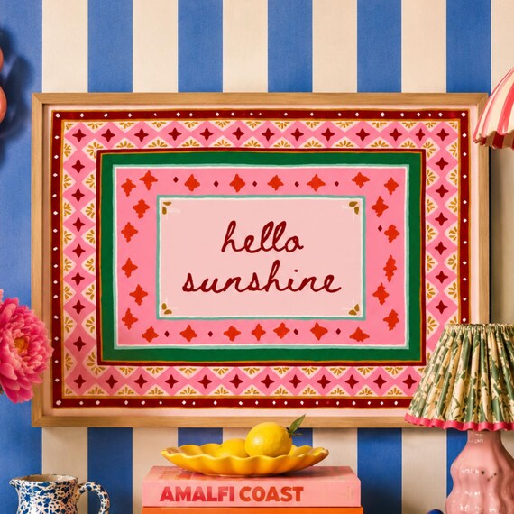 Hello Sunshine Script Quote Poster with Colorful Folk Border Art