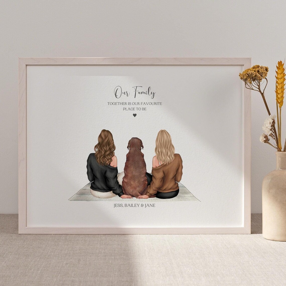 Personalized Female Couple With Dog Family Portrait Art Print