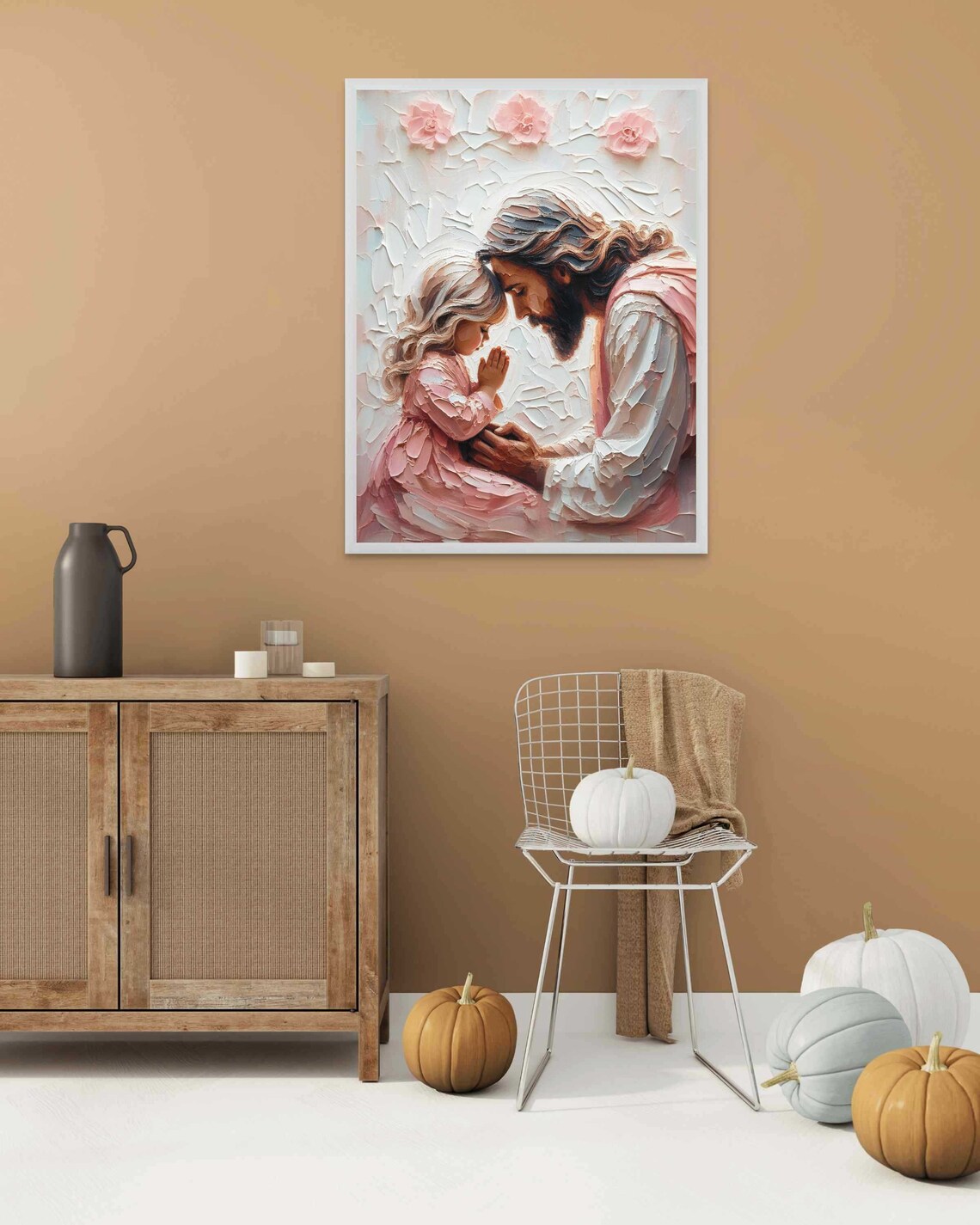 Jesus And Praying Girl Forehead To Forehead Impasto Pink Rose Wall Art