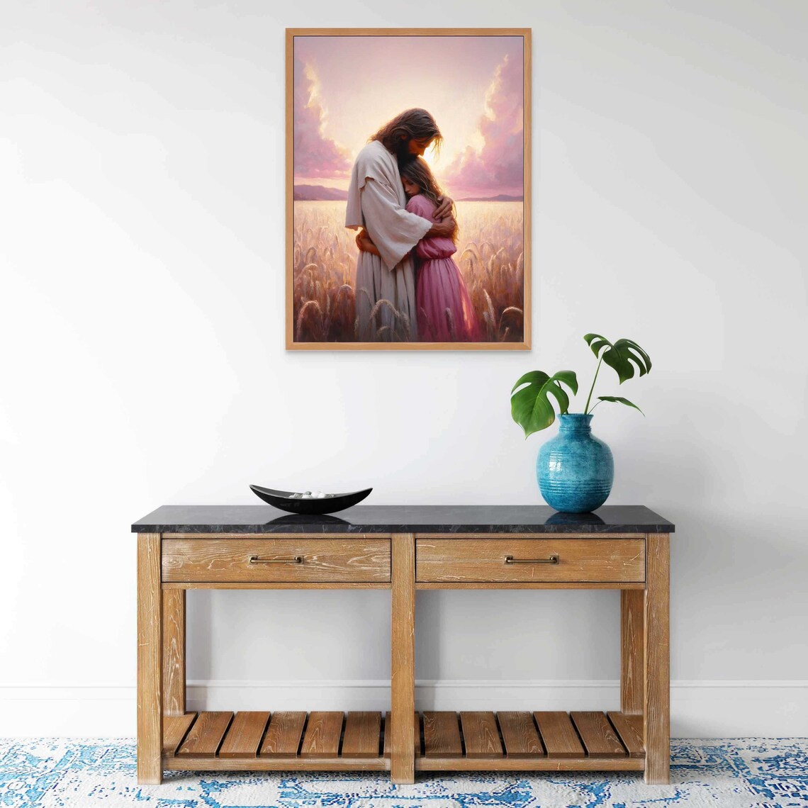 Jesus Embracing Little Girl Golden Wheat Field Sunset Christian Poster - Image 6