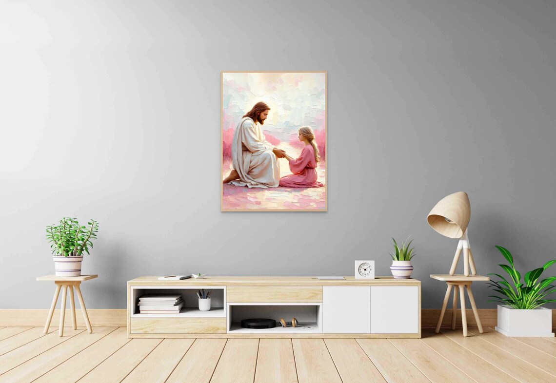 Jesus Kneeling Hand in Hand With Girl in Pink Soft Pastel Art Poster - Image 6