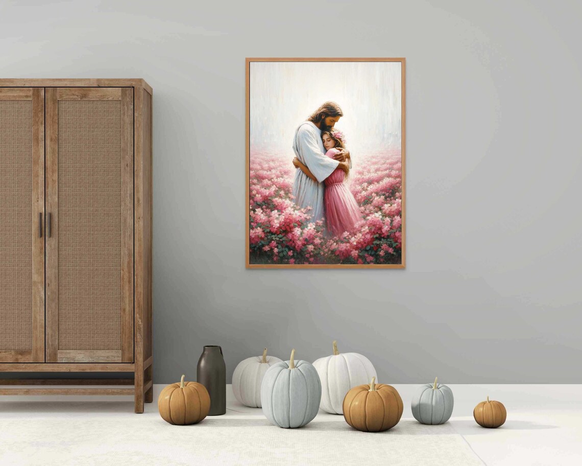 Jesus Hugging Little Girl Standing Pink Flower Field Christian Wall Art - Image 6