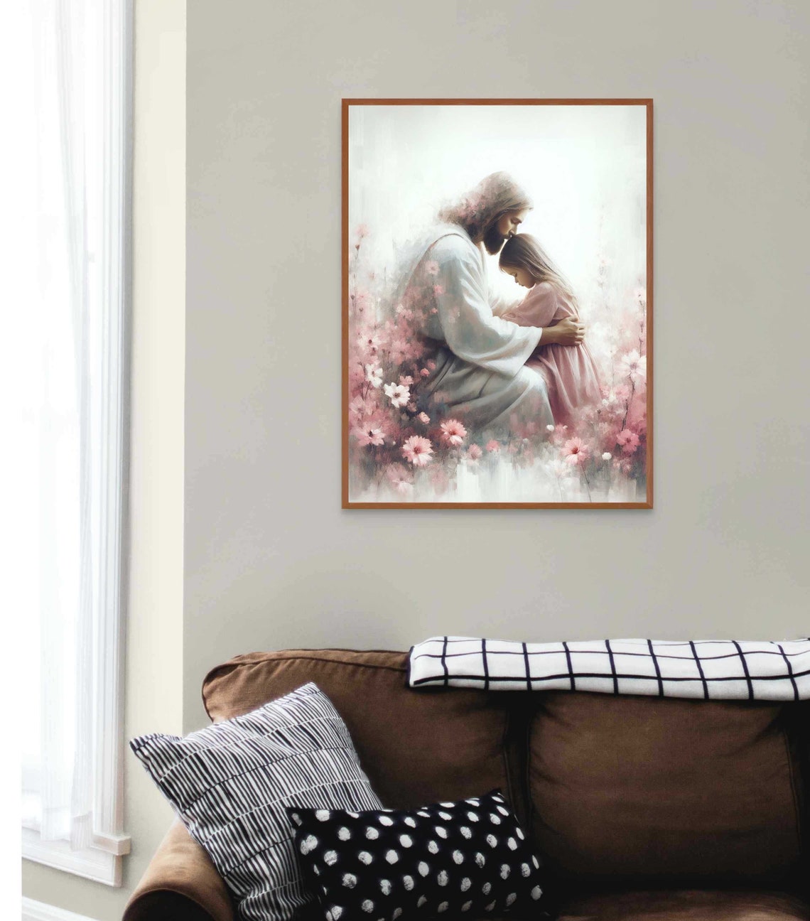 Jesus Embracing Girl Among Pink Blossoms Watercolor Art Poster - Image 2