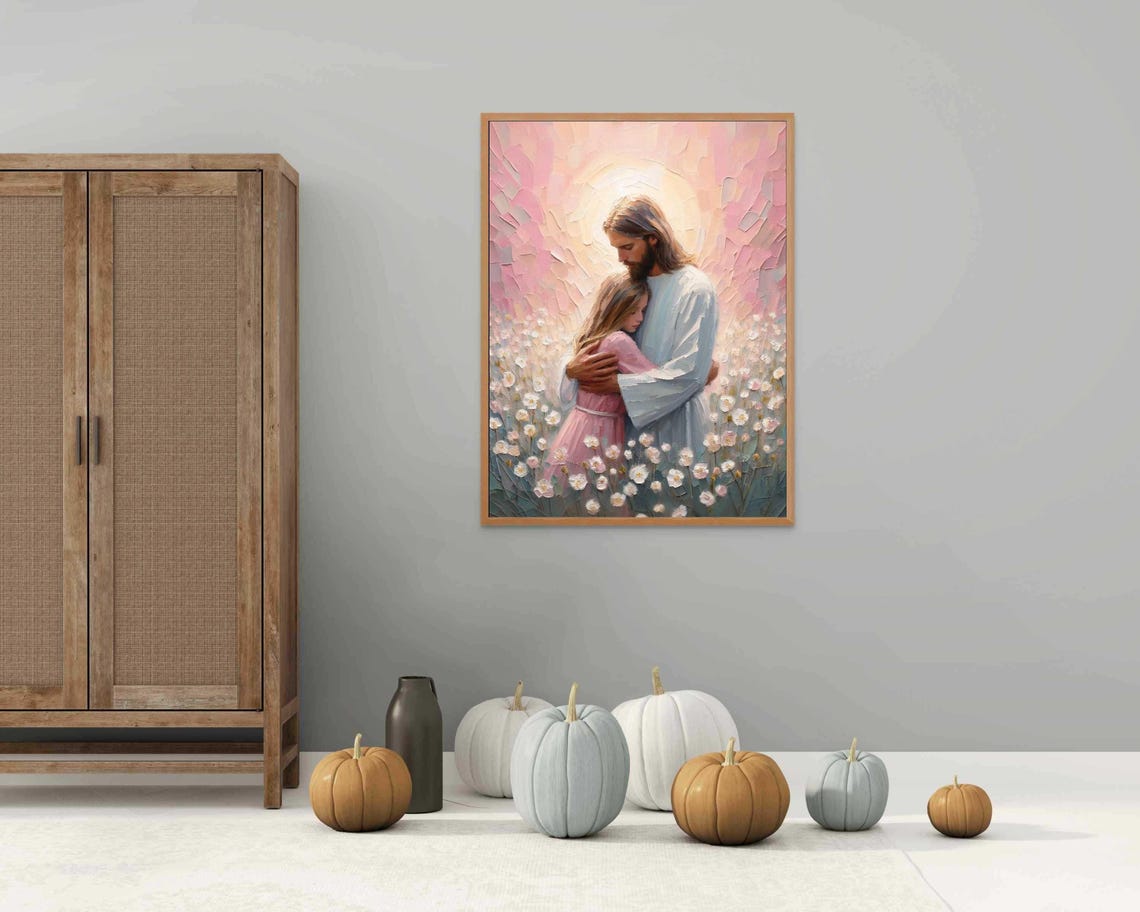 Jesus And Girl Embrace Modern Christian Art Jesus With Girl Jesus Portrait Lds Prints Bible Art Jesus And Kids Jesus With Children - Image 2