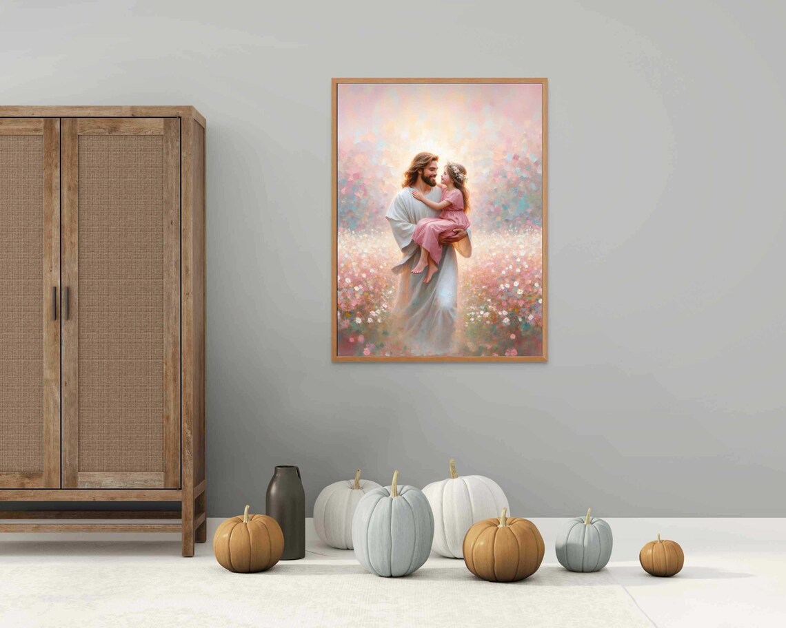 Smiling Jesus Carrying Little Girl Through Flower Field Poster - Image 3