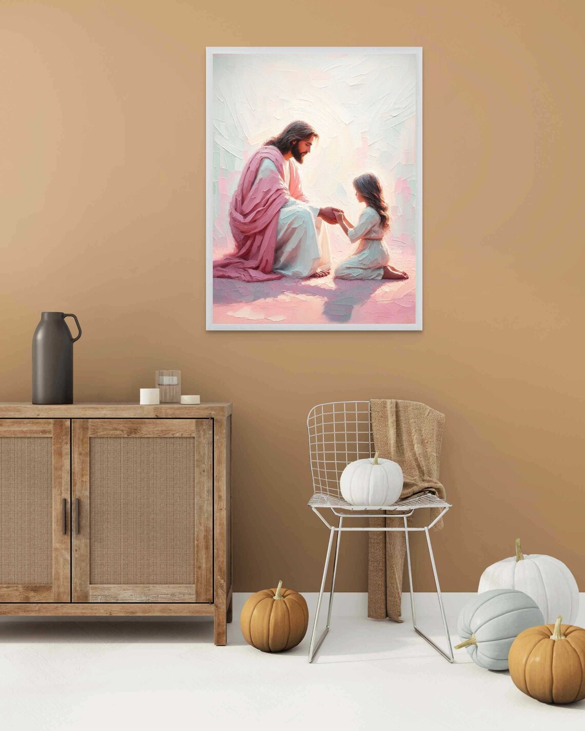 Jesus Kneeling With Little Girl in White Soft Pastel Art Poster - Image 2