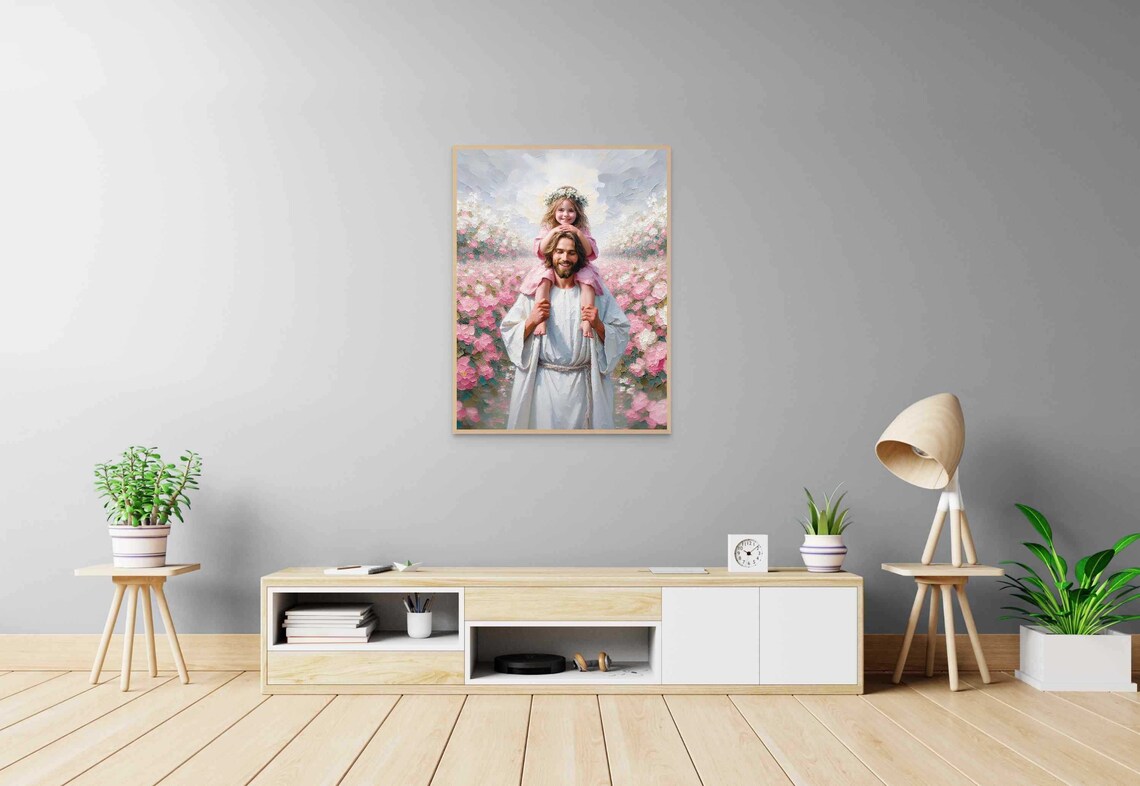 Jesus Carrying Girl On Shoulders Pink Flower Field Flower Crown Christian Poster - Image 6