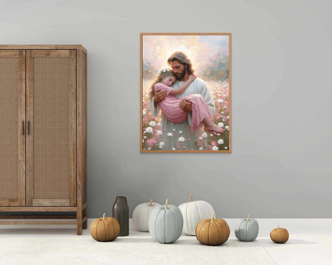 Saved By Him Christian Wall Art Jesus With Girl Art Jesus Picture Lds Art Bible Prints Christ With Kids Jesus Painting Christian Art - Image 3