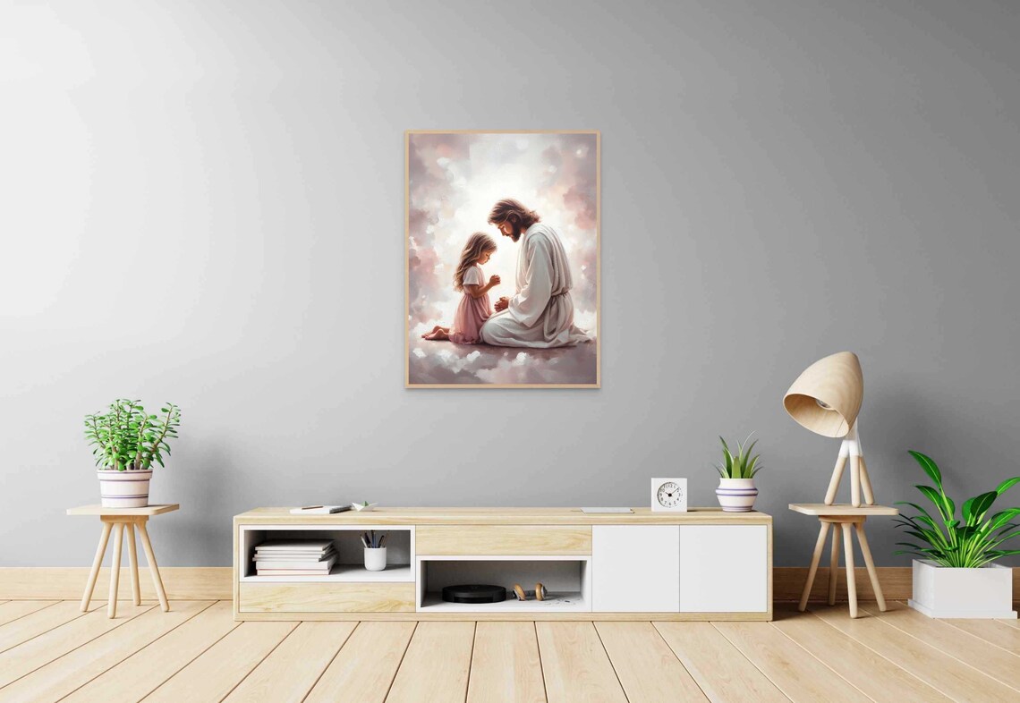 Jesus Praying With Little Girl Heavenly Clouds Christian Wall Art - Image 4