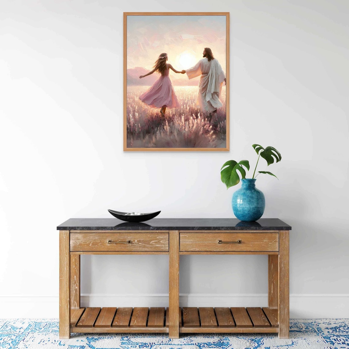 Jesus Holding Hands With Girl Lavender Field Sunset Walk Christian Print - Image 4