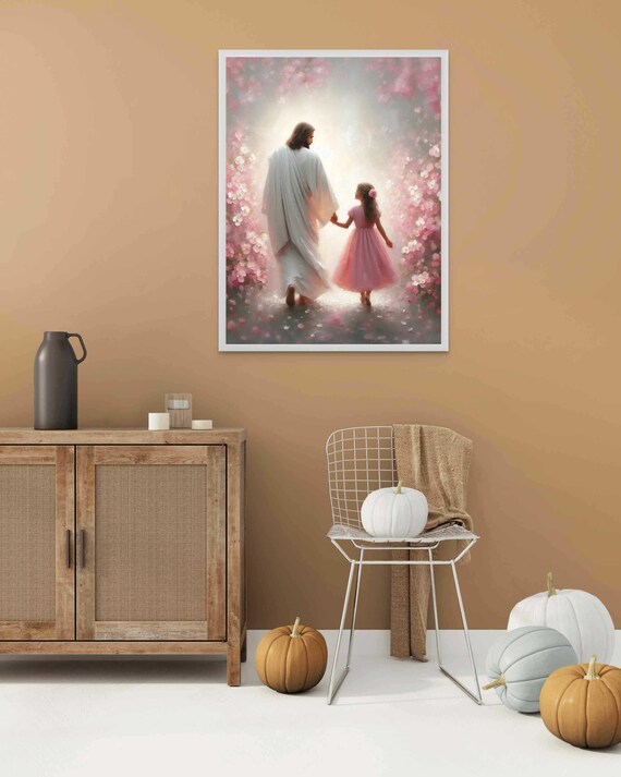Jesus And Girl Walking Into Bright Light Pink Blossom Path Christian Poster