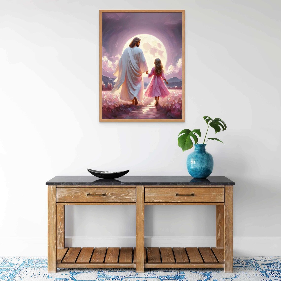 Jesus and Girl Walking Toward the Moon in Pink Night Art Poster - Image 5