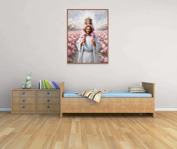 Jesus Carrying Girl On Shoulders Pink Flower Field Flower Crown Christian Poster