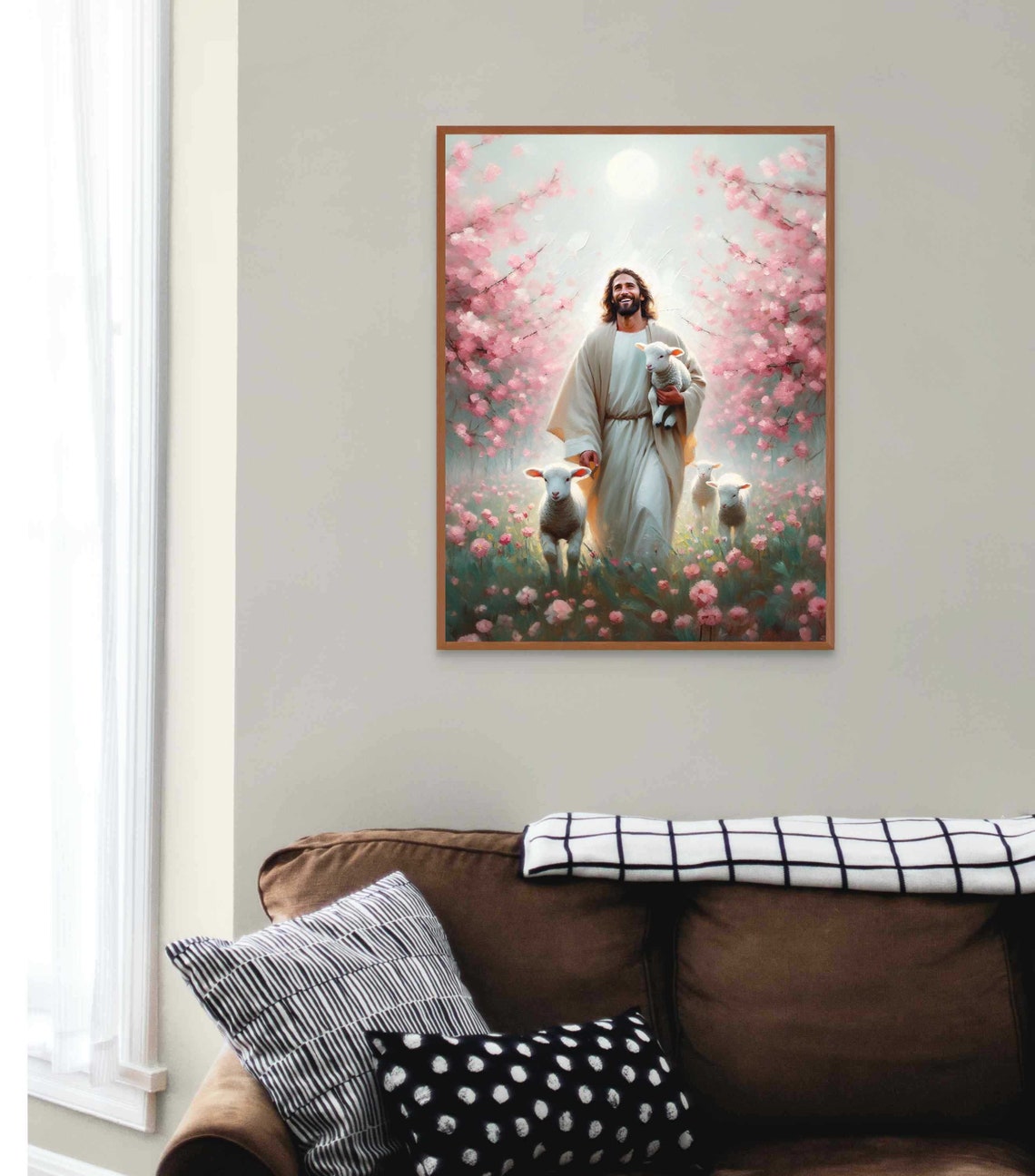 Jesus the Good Shepherd With Lambs in Cherry Blossom Art Poster - Image 3