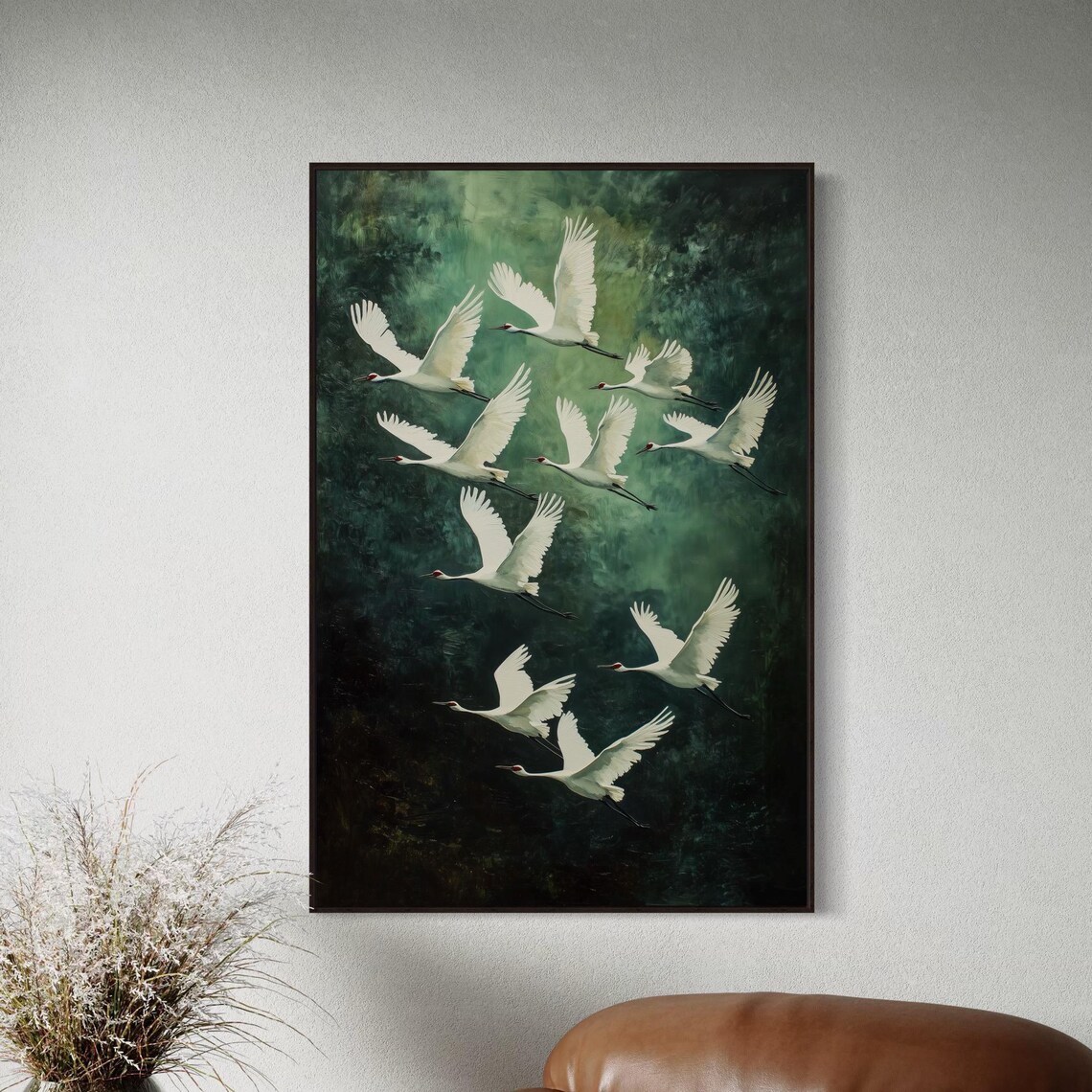 White Cranes Soaring Dark Emerald Sky Elegant Bird Wildlife Art Poster