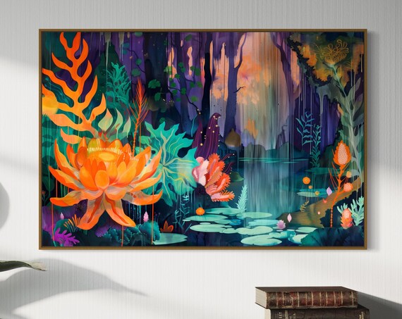 Enchanted Vision Vibrant Surreal Landscape Art Print Vivid Psychedelic Poster Funky Enchanted Forest Art For Weird Home Decor