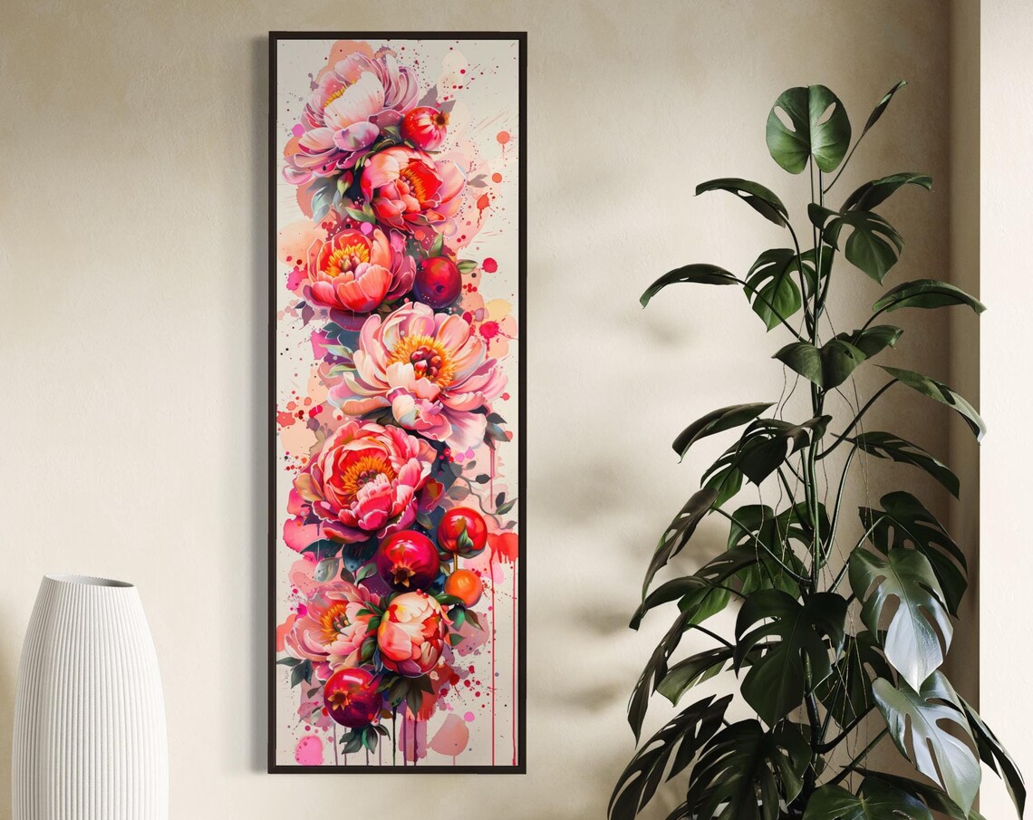 Tall Watercolor Peony Blooms Pomegranate Garden Floral Art Print