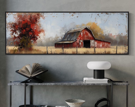 Moody Red Barn Panorama, Rustic Farm Art Print