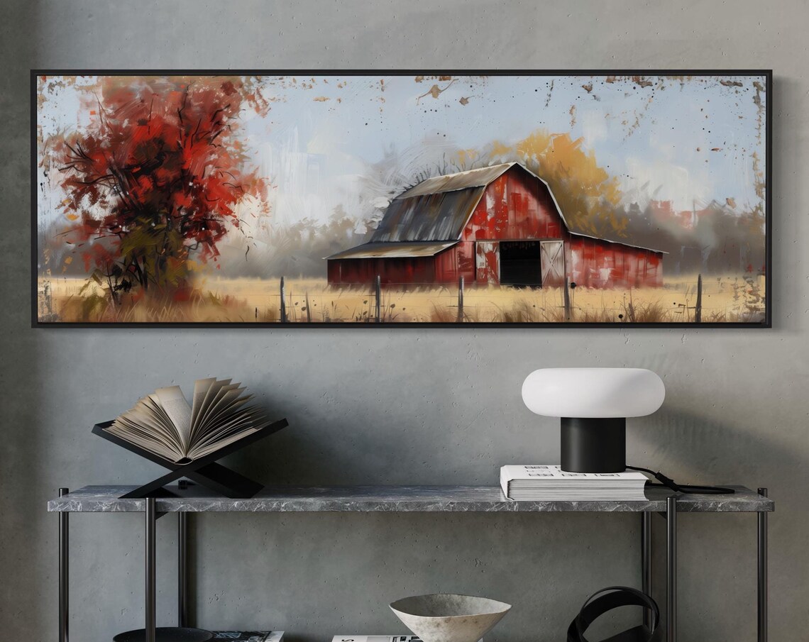 Moody Red Barn Panorama, Rustic Farm Art Print