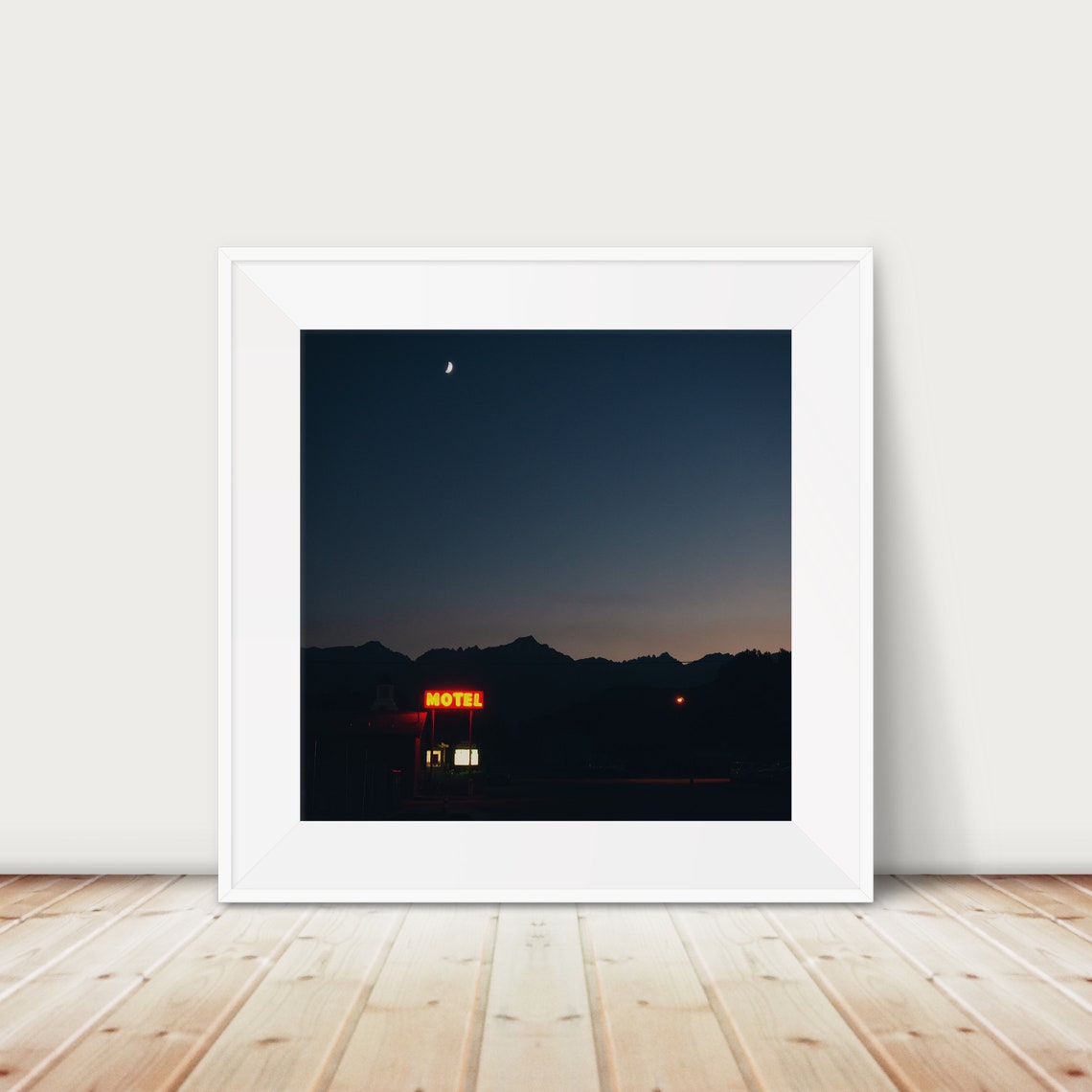 Neon Motel Sign Night Desert Crescent Moon Roadside Photo Poster