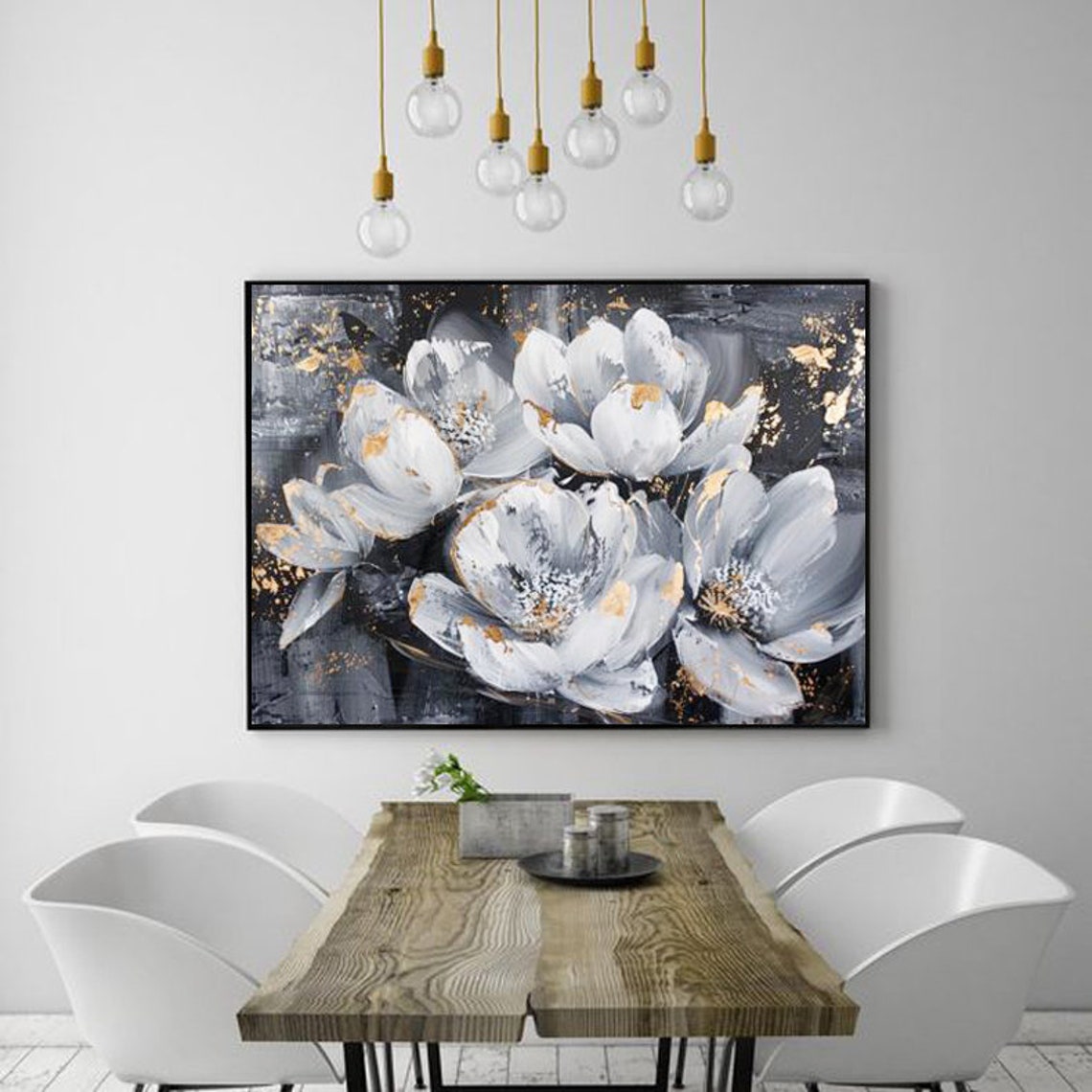 Abstract Gardenia Oil Painting With Gold Accents On Black And Grey Background Textured 3d Floral Art For Living Room Bedroom And Entryway - Image 4